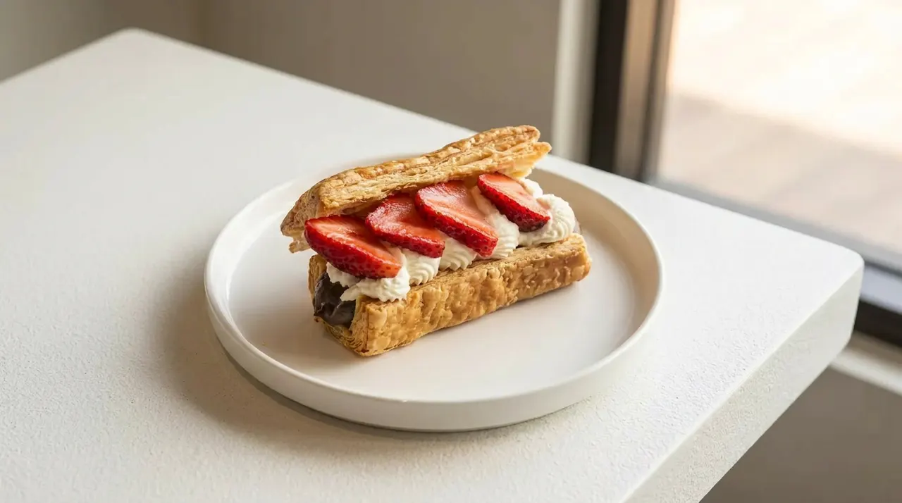 A puff pastry sandwich filled with chocolate cream, whipped cream, and sliced fresh strawberries, served on a round white plate on a white table.