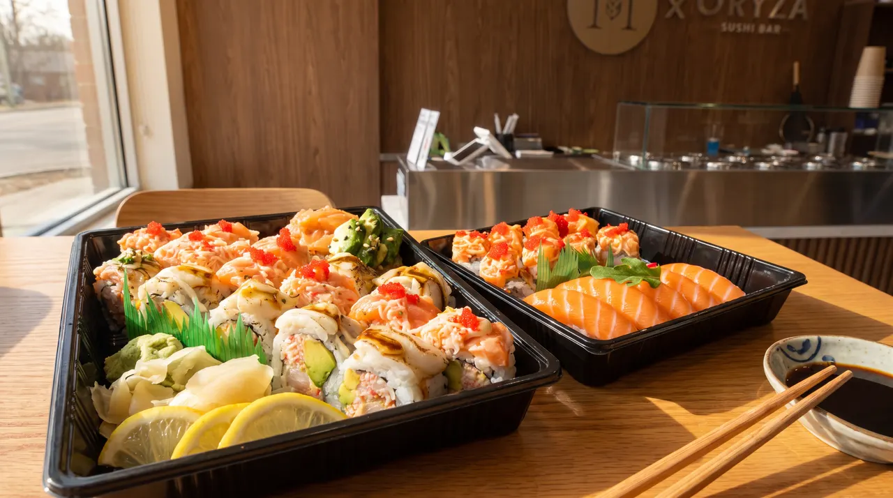 Two black plastic takeout trays filled with assorted sushi rolls, salmon nigiri, ginger, wasabi, and lemon slices on a wooden table next to chopsticks and soy sauce.