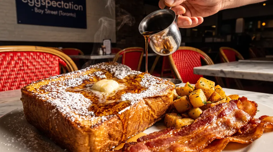 A thick slice of French toast topped with butter and powdered sugar, served with breakfast potatoes and crispy bacon on a plate, as syrup is poured from a small metal pitcher.