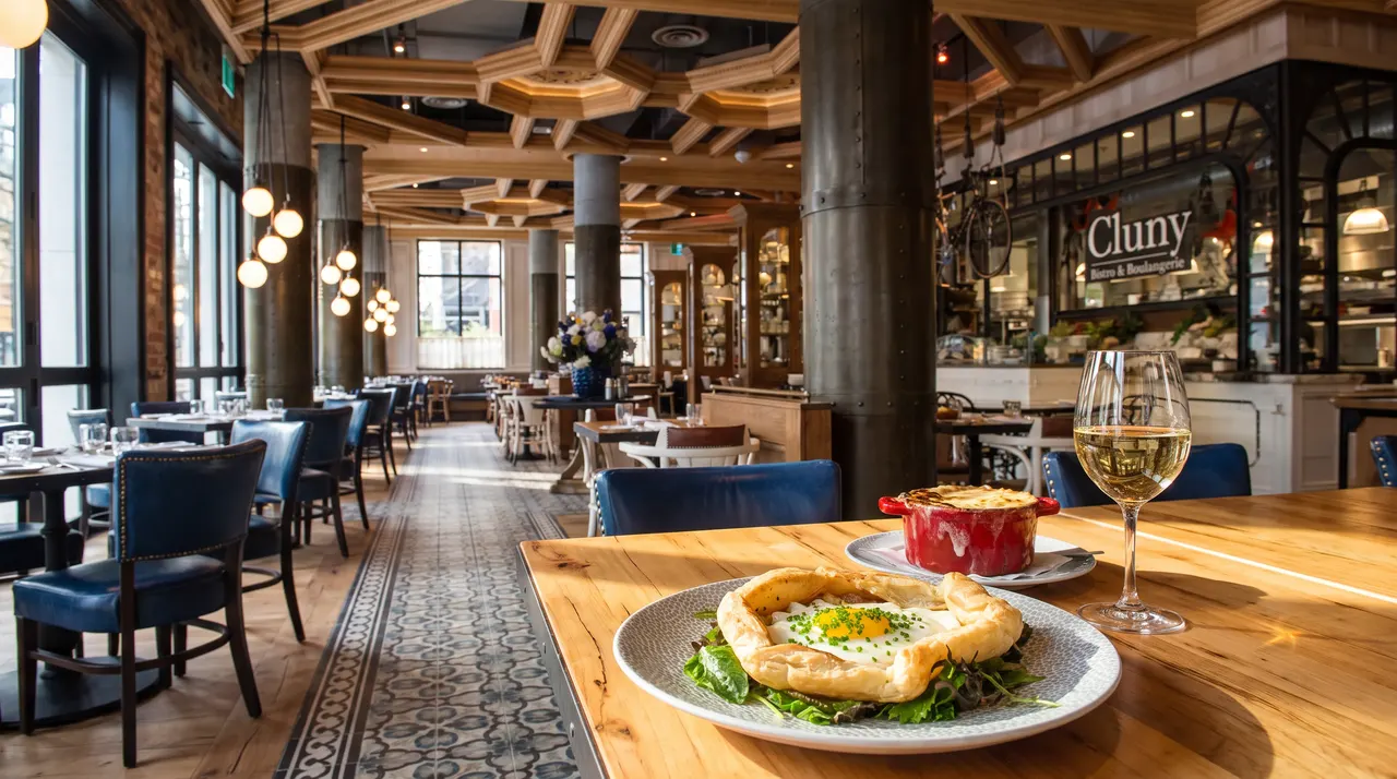A sunny wooden table in a spacious restaurant features a puff pastry tart with a fried egg, a small red pot of baked food, and a glass of white wine, with a decorated dining room in the background.