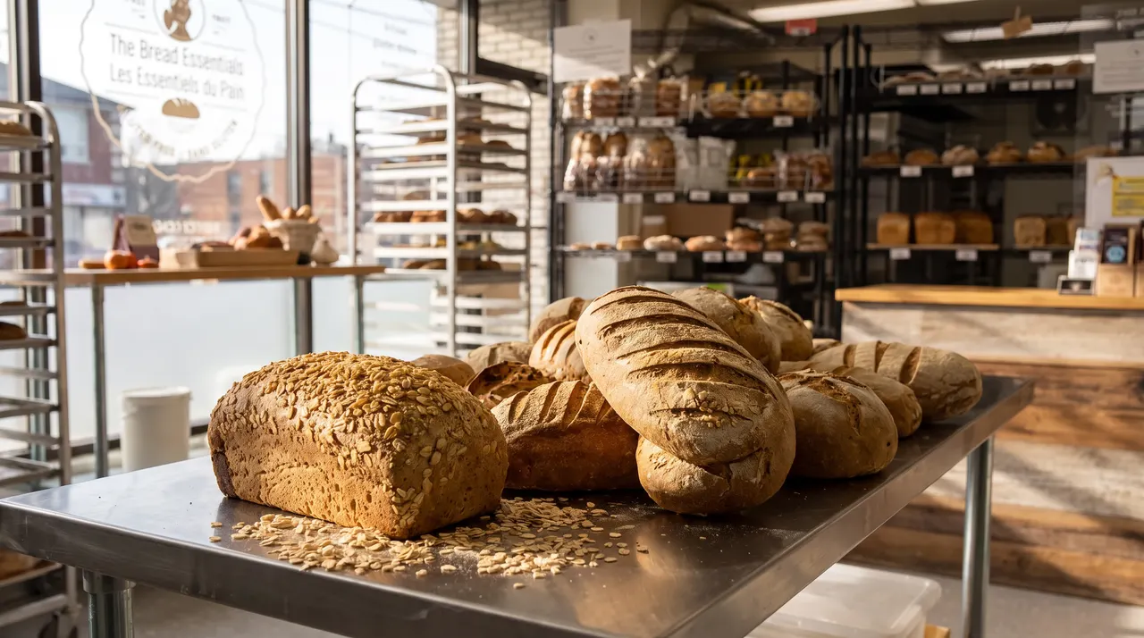 A variety of freshly baked artisanal bread loaves, including a seeded loaf and scored sourdough, resting on a stainless steel prep table inside a bakery with racks of bread in the background.