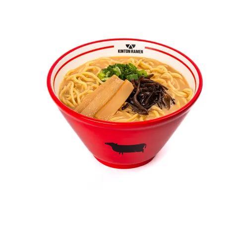 A bowl of ramen with thick noodles, bamboo shoots, wood ear mushrooms, and green onions in a rich broth, served in a red Kinton Ramen bowl against a white background.