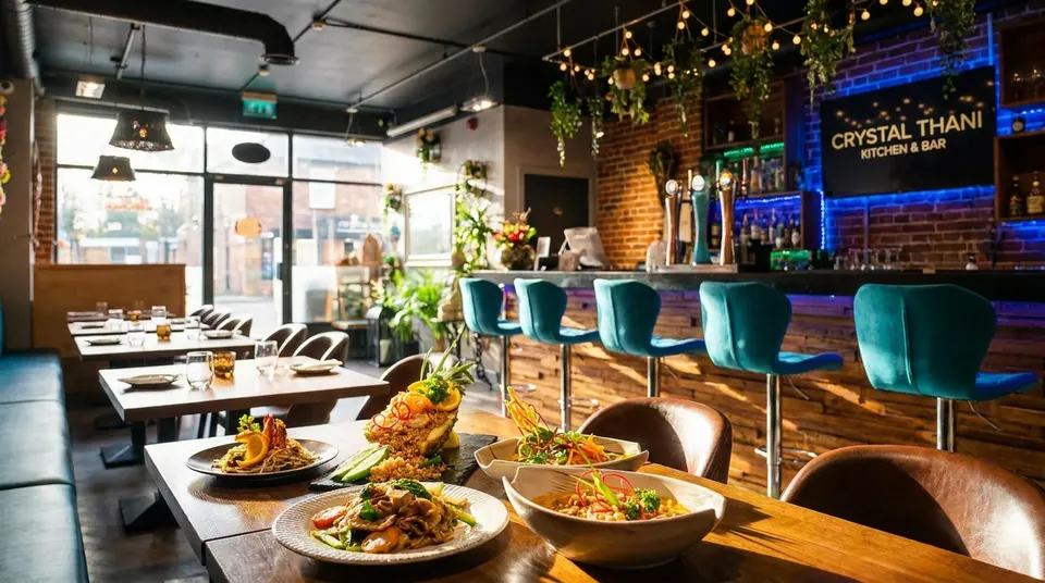 A vibrant spread of Thai dishes set against the stylish bar and dining area at Crystal Thani Kitchen & Bar.