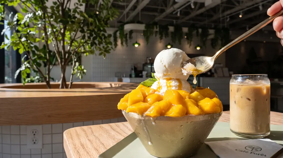 A gold bowl filled with shaved ice bingsu topped with fresh mango chunks and a scoop of vanilla ice cream, being scooped with a spoon next to an iced latte at Cafe Forêt.