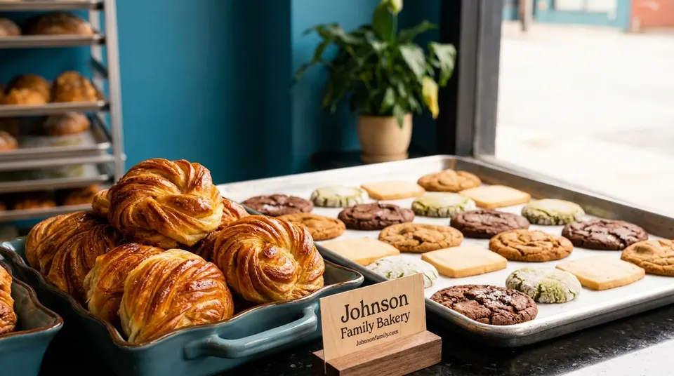 A close-up of freshly baked pastries in a blue ceramic dish next to a baking sheet filled with assorted cookies, featuring a small wooden sign for Johnson Family Bakery.