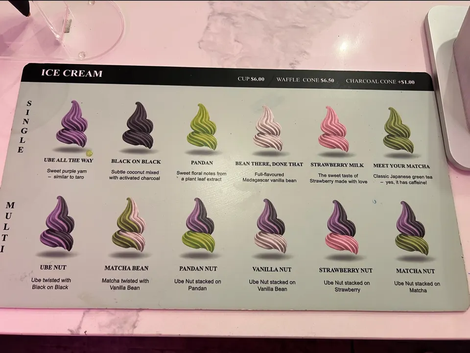 An ice cream menu board from iHalo Krunch showing single and multi-flavor soft serve options with illustrations and descriptions.
