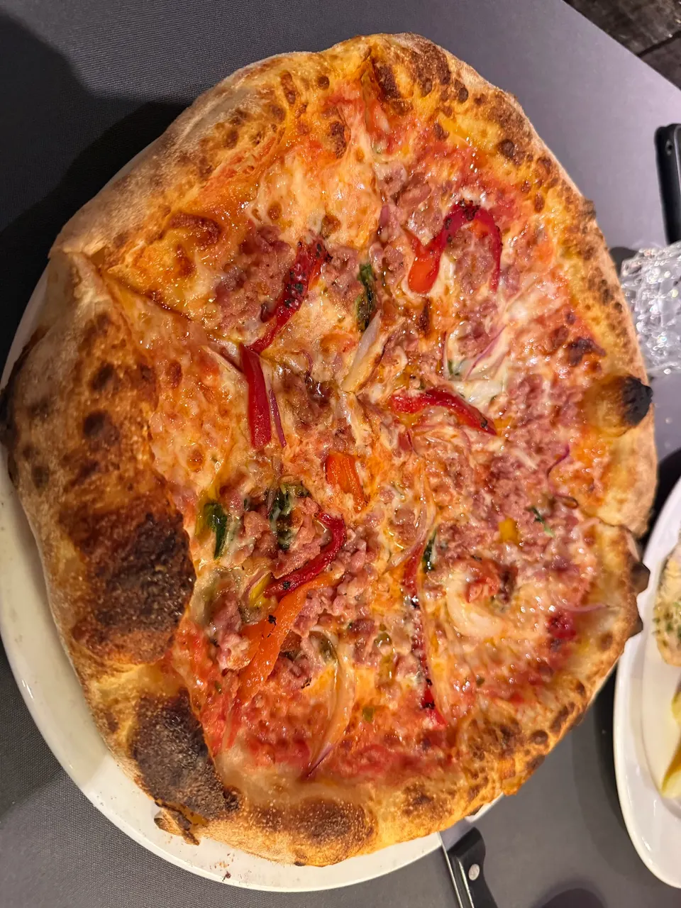 A freshly baked wood-fired pizza with a bubbly, charred crust, topped with melted cheese, tomato sauce, shredded meat, red peppers, and onions, served on a white plate.