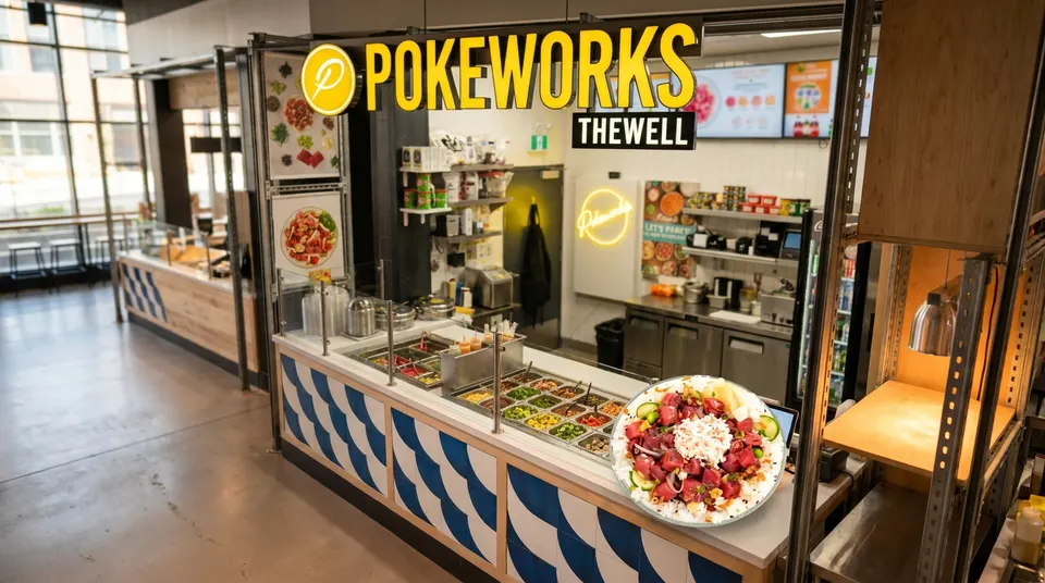A Pokeworks counter at The Well food hall, featuring a blue and white wave pattern on the counter, a fresh ingredient bar, and a large graphic of a poke bowl in the foreground.