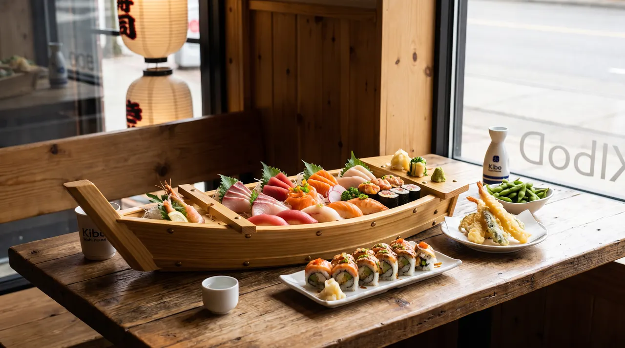 A wooden sushi boat filled with sashimi, nigiri, and maki rolls sits on a rustic wooden table next to a plate of specialty rolls, tempura, edamame, and sake cups near a window.