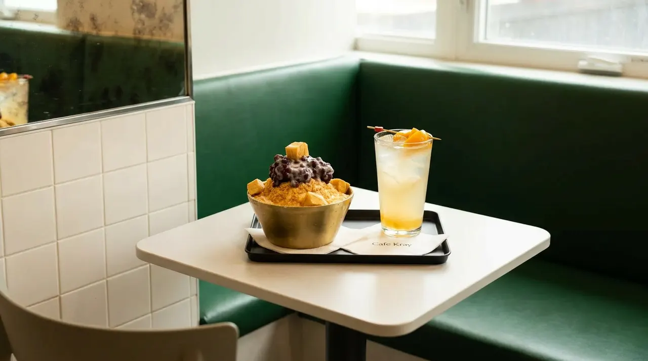 A bowl of Korean shaved ice bingsu topped with red beans and rice cakes sits next to an iced citrus drink on a tray atop a small white table in a cafe booth.