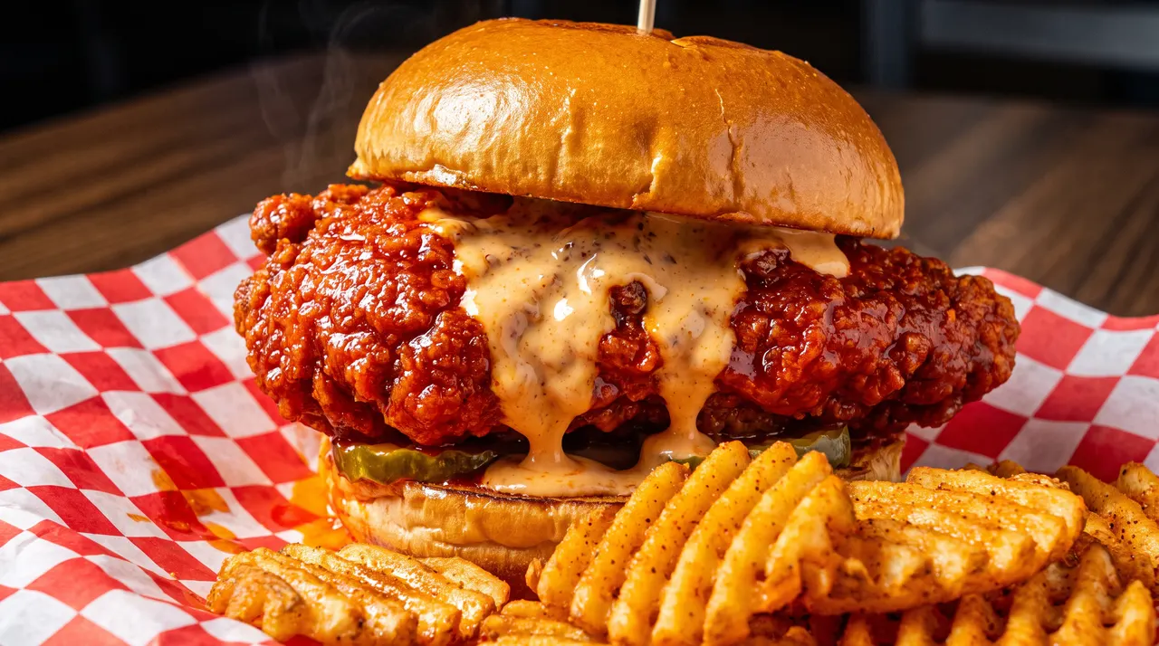 A Nashville hot chicken sandwich with dripping sauce and pickles on a brioche bun, served with waffle fries on red and white checkered paper.