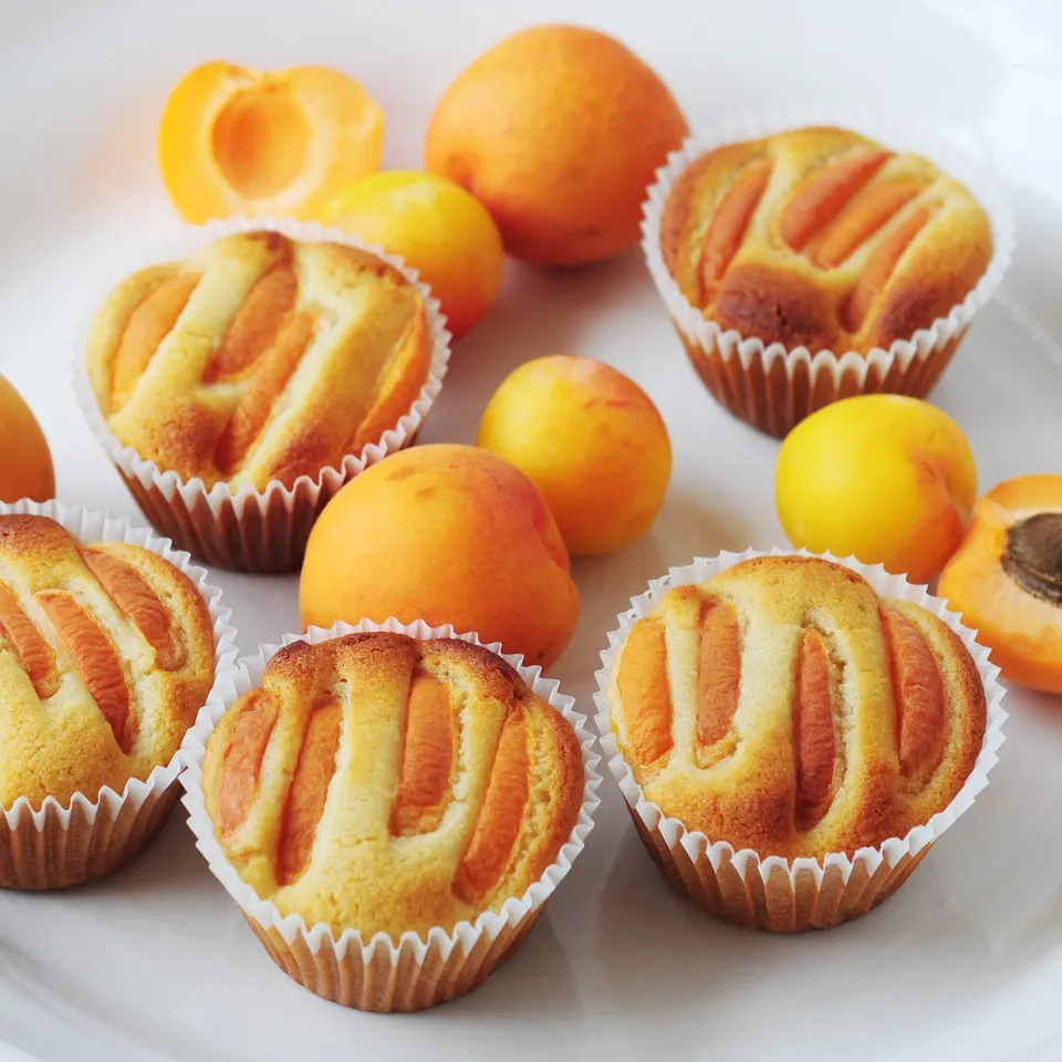 Five freshly baked gluten-free apricot muffins in paper liners arranged on a white plate, interspersed with whole and halved fresh apricots.