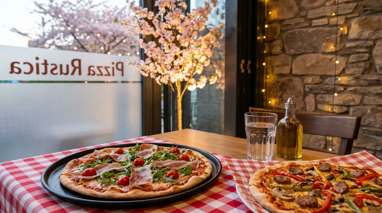 Two freshly baked pizzas on a red and white checkered tablecloth, with a glass of water and olive oil bottle on a wooden table next to a window showing a cherry blossom tree.