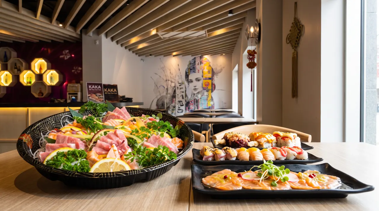 A large platter of fresh sashimi garnished with lemon and parsley sits next to plates of sushi rolls and salmon carpaccio on a wooden table inside a modern Japanese restaurant.