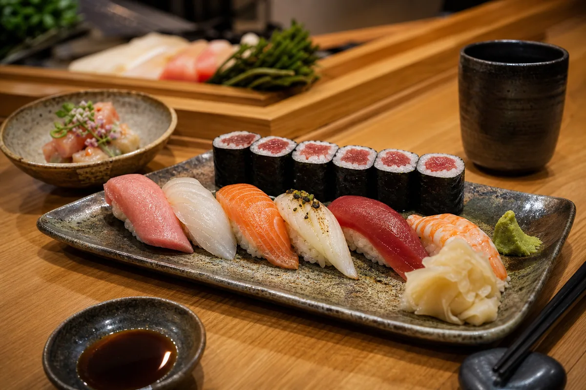 Fresh nigiri and maki at a Toronto sushi counter